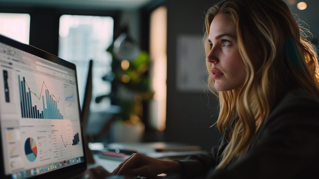 Businesswoman interacting with HighLevel dashboard on laptop, analyzing marketing data.