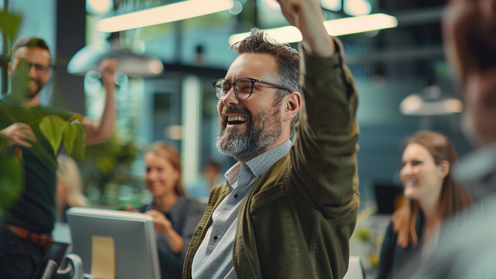 Smiling sales team celebrating successful product launch in modern office.