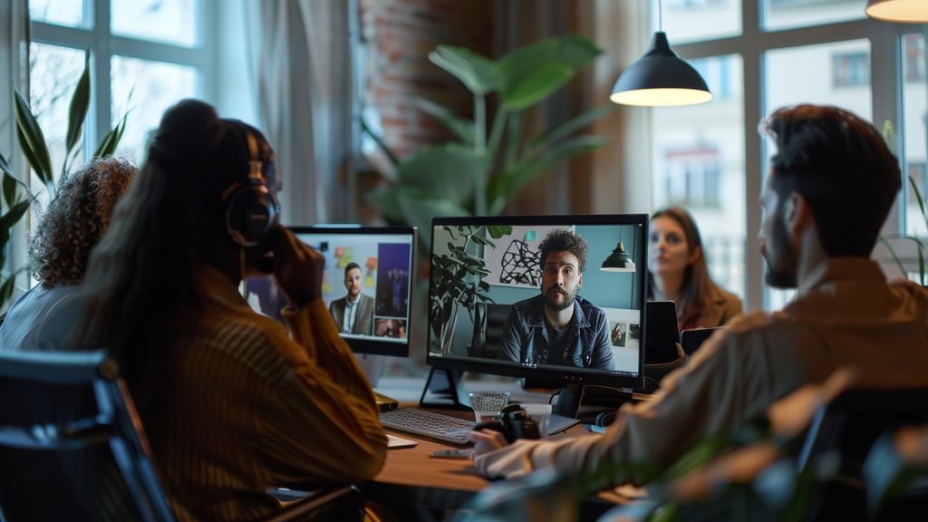 Group of clients attentively watching a live tutorial in a virtual meeting.