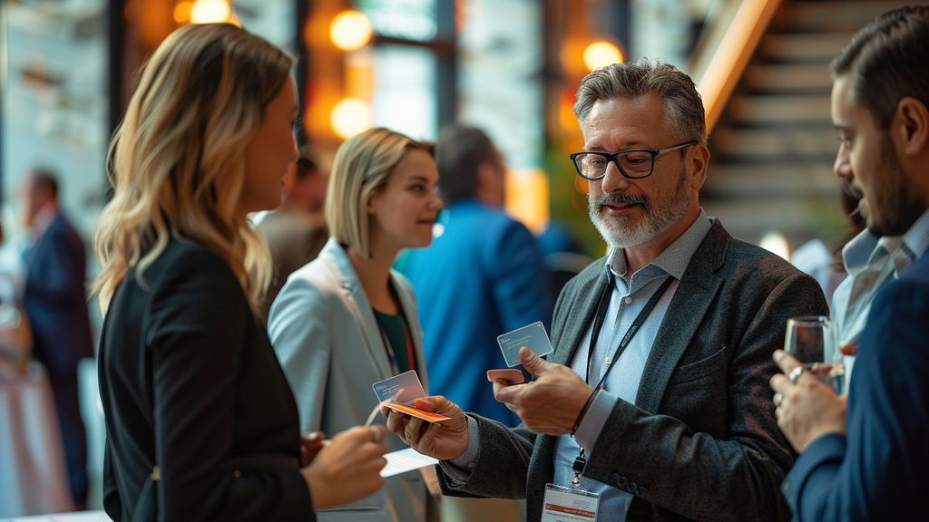 Attendees networking and exchanging business cards at a HighLevel event.