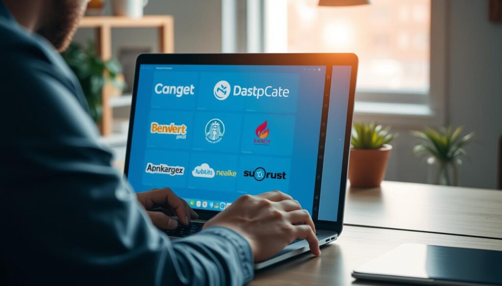 Generate an image of a freelancer working on a laptop with multiple client logos on the screen.